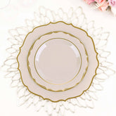 10-Pack Plastic 8" Round Dessert Plates in Taupe with Gold Scalloped Rim - Disposable Appetizer/Salad Plates