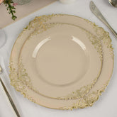 10-Pack Plastic 8" Round Dessert Plates in Taupe with Gold Leaf Embossed Rim - Disposable Vintage Baroque Style Salad Plates