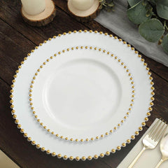 10-Pack White Plastic Dessert Plates – 8" Round with Gold Beaded Rim, Disposable for Parties & Events