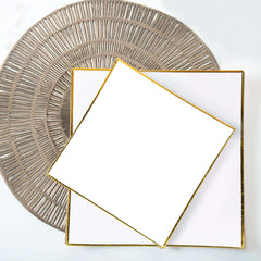 10-Pack Plastic 8" Square Dessert Plates in White Concave Style with Gold Rim - Modern Disposable Salad Appetizer Party Plates for Weddings & Special Events