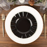 10-Pack Plastic 9" Round Dinner Plates in Black Ruffled Rim with Gold Edging - Sturdy Disposable Dinnerware