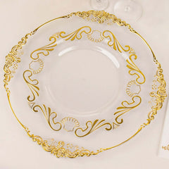 10-Pack Plastic 10" Round Dinner Plates in Clear with Gold Vintage Baroque Scalloped Rim - European Style Disposable Party Plates