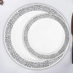 10-Pack Dessert Plates Lace Rim Design White with Silver - Plastic Disposable Appetizer Plates for Events 6"