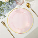 10-Pack Economy Plastic Round Charger Plates 12" in Transparent Blush with Wide Gold Rim, Decorative Dinner Party Serving Plates