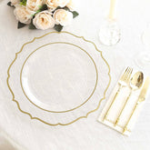 10-Pack Economy Plastic Round Charger Plates 13" in Clear with Gold Scalloped Rim, Decorative Dinner Party Serving Plates