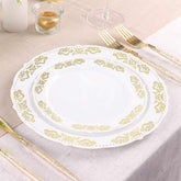10-Pack Plastic 7.5" Round Appetizer Plates in White with Gold Embossed Scalloped Edge - Chic Disposable Salad Plates for Special Occasions & Banquets