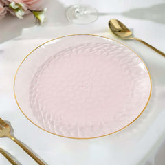 10-Pack Plastic 9" Round Dinner Plates in Transparent Blush Hammered Design with Gold Rim - Modern Disposable Party Plates
