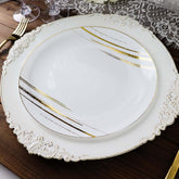 10-Pack Plastic 10" Round Dinner Plates in White with Gold Brush Stroked Print - Disposable Party Dinnerware for Modern Themed Events & Banquets
