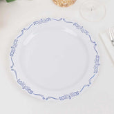 10-Pack Plastic 10" Round Dinner Plates in White with Blue Vintage Embossed Rim - Sturdy Disposable Scalloped Edge Party Plates