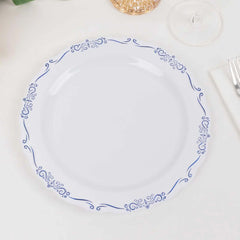 10-Pack Plastic 10" Round Dinner Plates in White with Blue Vintage Embossed Rim - Sturdy Disposable Scalloped Edge Party Plates