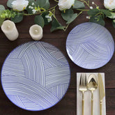10-Pack Plastic 10" Round Dinner Plates in White with Blue Wave Brush Strokes Pattern - Disposable Party Plates