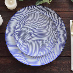 10-Pack Plastic 7" Round Dessert Plates in White with Blue Wave Brush Strokes Pattern - Disposable Appetizer Salad Plates