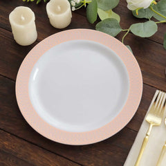 10-Pack Plastic Round Dinner Plates 10" White with Blush Rose Gold Spiral Rim - Chic Disposable Party Plates