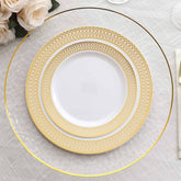 10-Pack Plastic Round Dessert Plates 7" White with Beige Gold Spiral Rim - Disposable Salad Plates