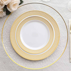 10-Pack Plastic Round Dessert Plates 7" White with Beige Gold Spiral Rim - Disposable Salad Plates