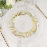 10-Pack Plastic 9" Round Dinner Plates Clear with Gold Swirl Rim - Disposable Party Plates for Classy Events & Banquets