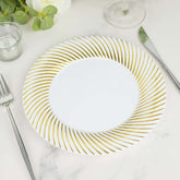 10-Pack Plastic 9" Round Dinner Plates White with Gold Swirl Rim - Disposable Party Plates