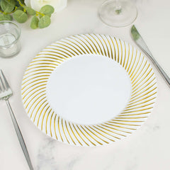10-Pack Plastic 9" Round Dinner Plates White with Gold Swirl Rim - Disposable Party Plates