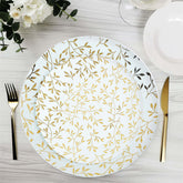 10-Pack Plastic 8" Round Salad Dessert Plates in White with Gold Leaf Design - Heavy Duty Disposable Party Plates for Stylish Events & Memorable Gatherings