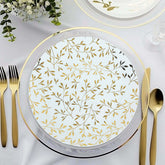 10-Pack Plastic 10" Round Dinner Plates in White with Gold Leaf Design - Heavy Duty Disposable Party Plates for Stylish Events & Memorable Gatherings