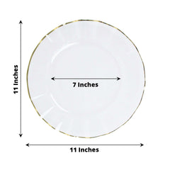 10-Pack Plastic 11" Round Dinner Plates in Clear Ruffled Rim with Gold Edging - Sturdy Disposable Dinnerware