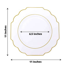 10-Pack Plastic Dinner Plates in White Baroque Design with Scalloped Gold Rim - Heavy Duty Disposable Party Plates for Events & Banquets 11"