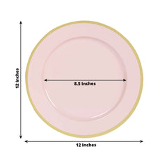 10-Pack Economy Plastic Round Charger Plates 12" in Blush with Wide Gold Rim, Decorative Dinner Party Serving Plates