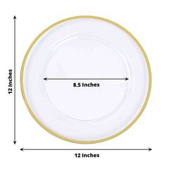10-Pack Economy Plastic Round Charger Plates 12" in Clear with Wide Gold Rim, Decorative Dinner Party Serving Plates