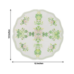 25-Pack Round Paper Cocktail Napkins with Floral Greenery and Scalloped Edge White - Disposable 2 Ply Beverage Napkins 6.25"x6.25"
