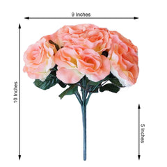 12" Peach Artificial Velvet-Like Fabric Rose Flower Bouquet Bush