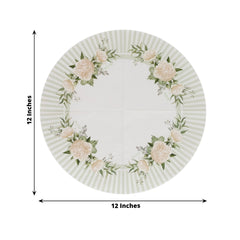 25-Pack Round Paper Cocktail Napkins with Floral Lined Pattern White/Sage Green - Disposable 2 Ply Beverage Napkins 6"x6"