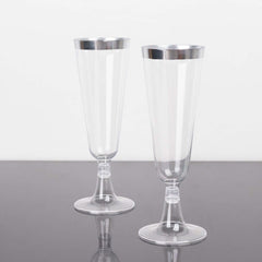 12-Pack Plastic Champagne Flutes Clear with Silver Rim - Stylish Disposable Cocktail Glasses for Parties 5oz 6"