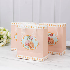 12-Pack Favor Bags Vintage Rose Floral Tea Party, Dusty Rose Paper Goodie Gift Bags with Ribbon Handles, 6"x7"x3"