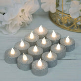 12-Pack LED Tealight Candles Glitter Silver Design - Flameless Battery Operated Tea Lights