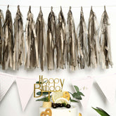 12 Pack Pre-Tied Antique Gold Paper Fringe Tassels With Garland String, Hanging Streamer Banner