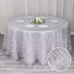 Polyester 120" Round Silver Tablecloth Metallic Fringe Shag Tinsel Table Cover