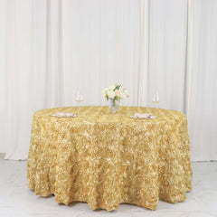 Satin 120" Round Tablecloth Champagne - Grandiose 3D Rosette with Seamless Finish Table Cover