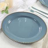 10-Pack Economy Round Plastic Charger Plates 13" in Dusty Blue with Gold Beaded Rim, Stylish Dinner Party Serving Plates