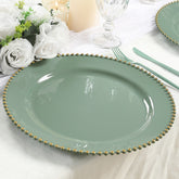 10-Pack Economy Round Plastic Charger Plates 13" in Dusty Sage Green with Gold Beaded Rim, Stylish Dinner Party Serving Plates