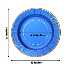 25-Pack Disposable Round Charger Plates in Royal Blue Sunray Design with Gold Rim - 350GSM Heavy Duty Paper Chargers 13"