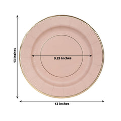 25-Pack Disposable Round Charger Plates in Dusty Rose Sunray Design with Gold Rim - 350GSM Heavy Duty Paper Chargers 13"
