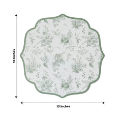 10 Pack Disposable Charger Plates White with Sage Green French Toile Pattern, 13" Cardboard Paper Placemats with Scalloped Rim