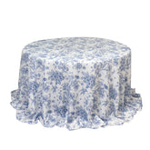 Polyester 132" Round Tablecloth White - Blue French Toile Pattern for Chic Weddings