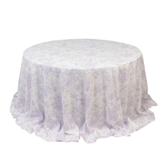 Polyester 132" Round Tablecloth White - Lavender Lilac French Toile Pattern for Chic Weddings