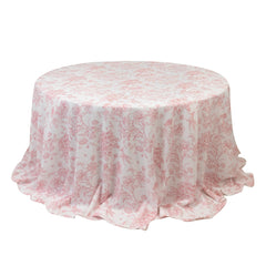 Polyester 132" Round Tablecloth White - Pink French Toile Pattern for Chic Weddings