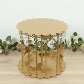Metal Round Pedestal Cake Stand Gold Carousel Design with Hanging Acrylic Beads for Cupcakes & Pastries 14"