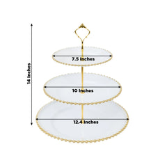 14" White 3-Tier Plastic Dessert Display Stand With Gold Beaded Rim, Round Cupcake Tower Tea Party Serving Platter With Top Handle
