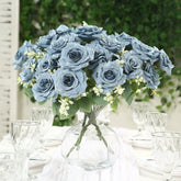 2 Bushes 18" Real Touch Artificial Rose Flower Bouquet, Dusty Blue Silk Long Stem Flower Arrangements
