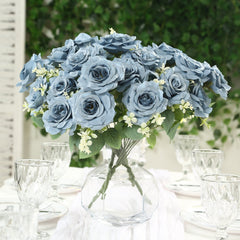 2 Bushes 18" Real Touch Artificial Rose Flower Bouquet, Dusty Blue Silk Long Stem Flower Arrangements