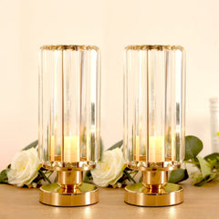 2 Pack 11" Crystal Pendant Hurricane Candle Holders in Gold, Elegant Cylinder Design for Pillar Candles, Short-Stemmed, Decorative Table Centerpieces